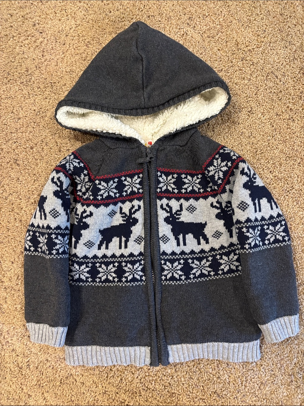 Kids Charcoal Hooded Zip Sweater with Reindeer Fair Isle